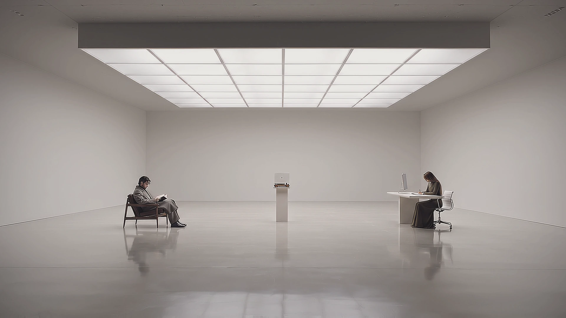 Michelle et Jean au travail dans le studio Haiven, une grande salle blanche sous une verrière